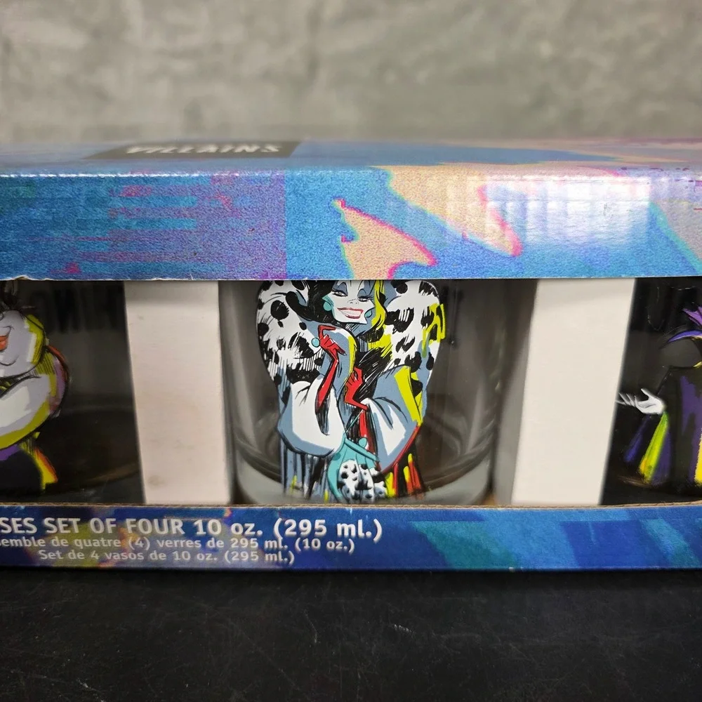 Disney Villains Glassware Set 4pc 10oz Ursula Maleficent Cruella Evil Queen NEW